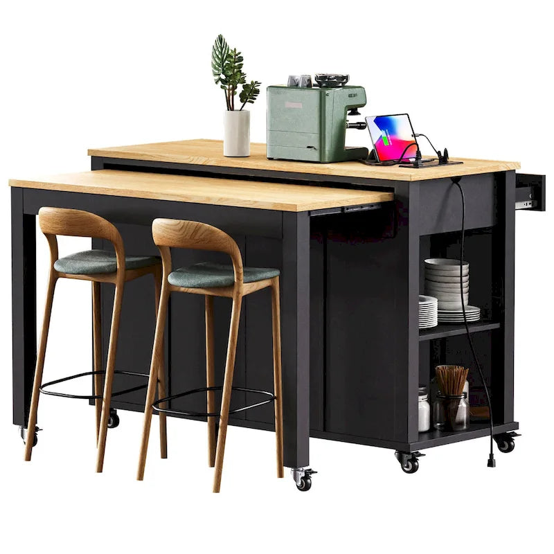 Îlot de cuisine roulant avec table à manger extensible, tiroirs, armoire et prise de courant intégrée, bleu gris