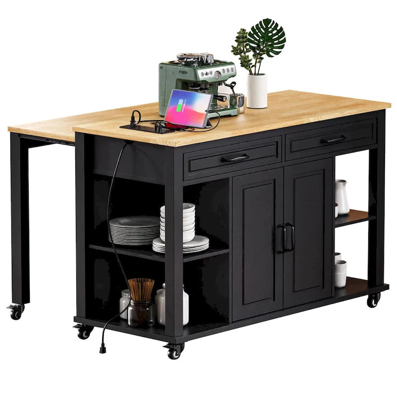 Îlot de cuisine roulant avec table à manger extensible, tiroirs, armoire et prise de courant intégrée, bleu gris
