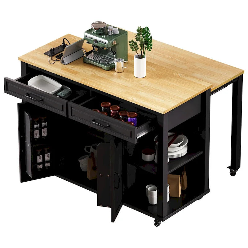 Îlot de cuisine roulant avec table à manger extensible, tiroirs, armoire et prise de courant intégrée, bleu gris