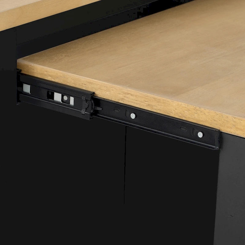 Îlot de cuisine roulant avec table à manger extensible, tiroirs, armoire et prise de courant intégrée, bleu gris