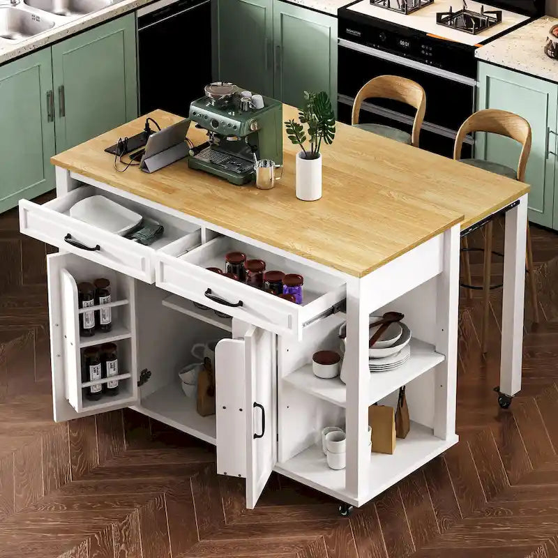 Îlot de cuisine roulant avec table à manger extensible, tiroirs, armoire et prise de courant intégrée, bleu gris