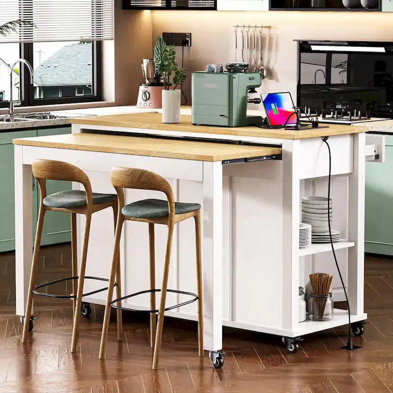 Îlot de cuisine roulant avec table à manger extensible, tiroirs, armoire et prise de courant intégrée, bleu gris