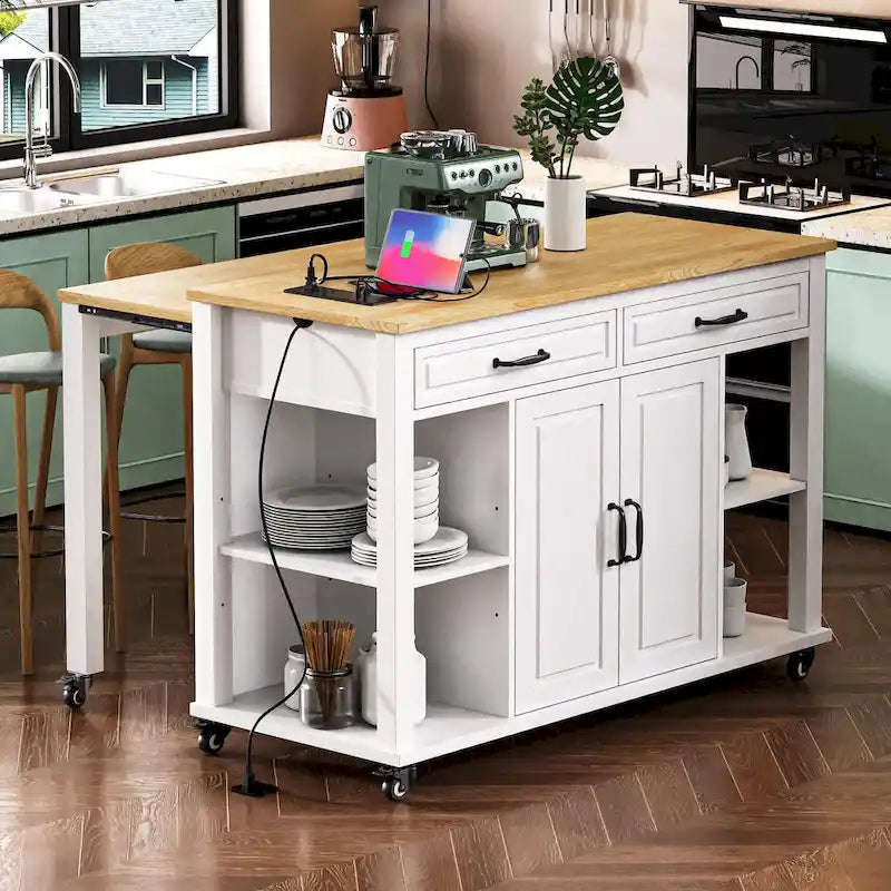 Îlot de cuisine roulant avec table à manger extensible, tiroirs, armoire et prise de courant intégrée, bleu gris
