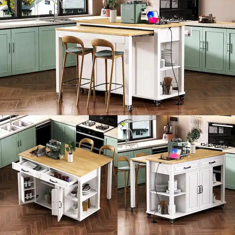 Îlot de cuisine roulant avec table à manger extensible, tiroirs, armoire et prise de courant intégrée, bleu gris
