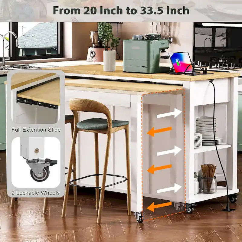 Îlot de cuisine roulant avec table à manger extensible, tiroirs, armoire et prise de courant intégrée, bleu gris