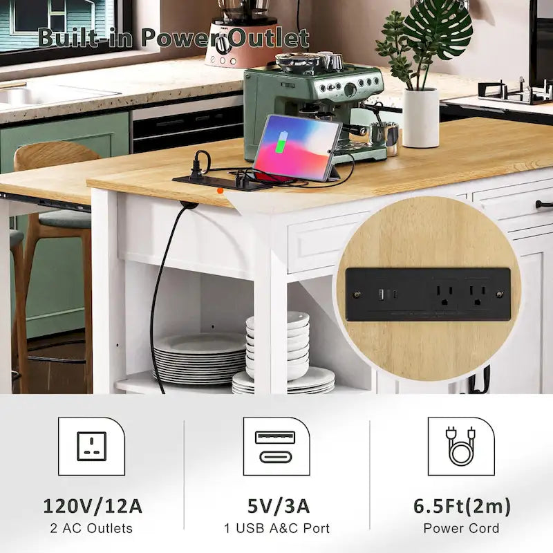 Îlot de cuisine roulant avec table à manger extensible, tiroirs, armoire et prise de courant intégrée, bleu gris