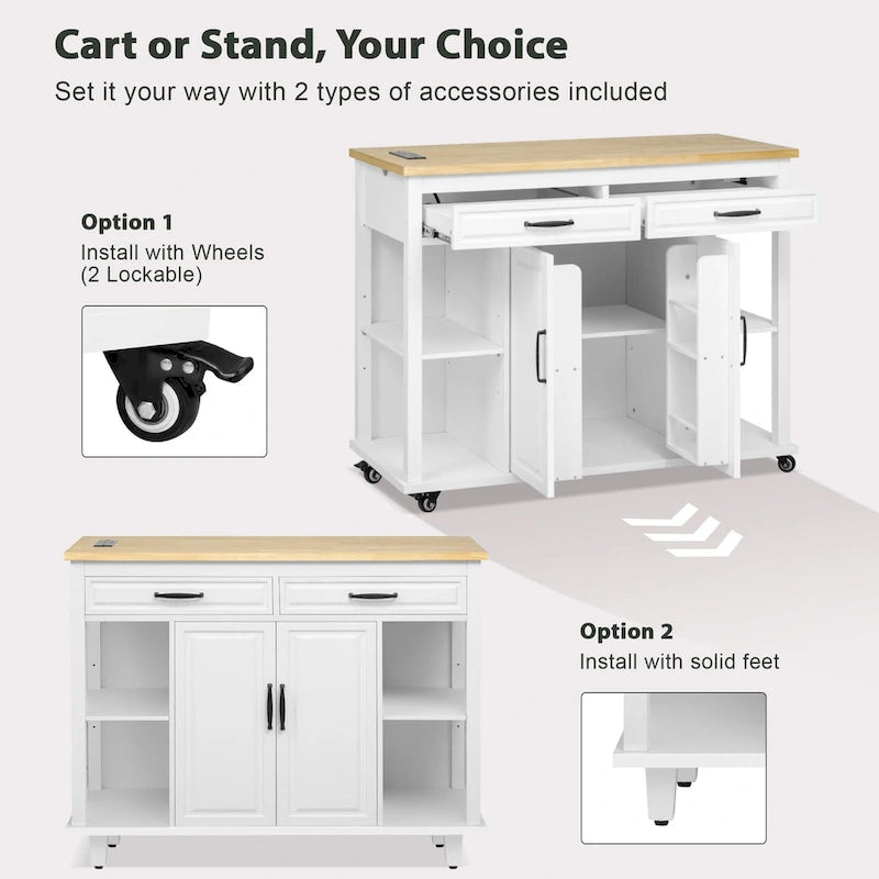 Îlot de cuisine roulant avec table à manger extensible, tiroirs, armoire et prise de courant intégrée, bleu gris