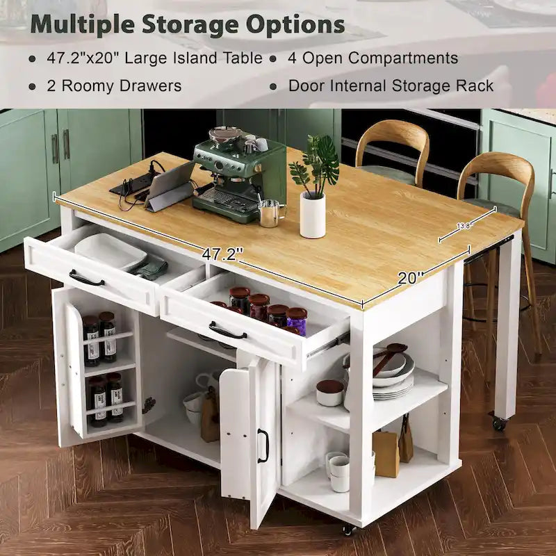 Îlot de cuisine roulant avec table à manger extensible, tiroirs, armoire et prise de courant intégrée, bleu gris