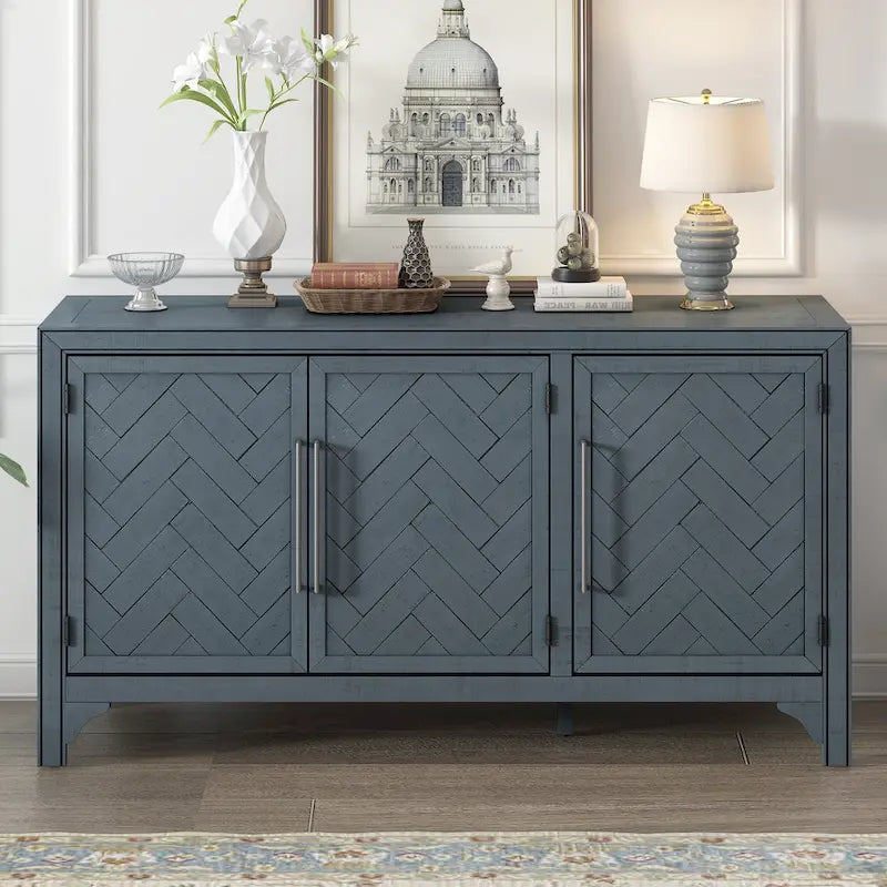 Bahut de rangement en bois de pin MDF avec étagères réglables, poignées en fer, bleu marine, gris, noir