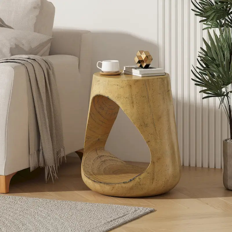 Table d'appoint ronde creuse MGO, finition grain de bois noir naturel, intérieur/extérieur