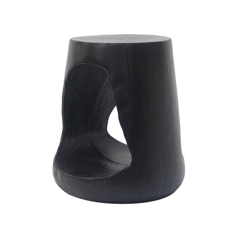 Table d'appoint ronde creuse MGO, finition grain de bois noir naturel, intérieur/extérieur