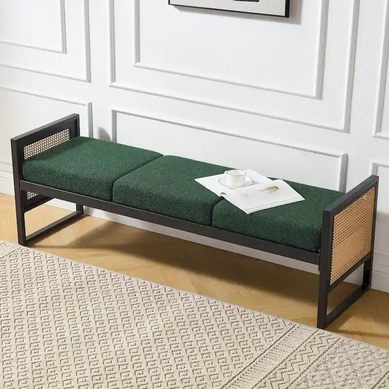 Banc rembourré en tissu bouclé avec côtés en rotin, noir pour entrée ou chambre