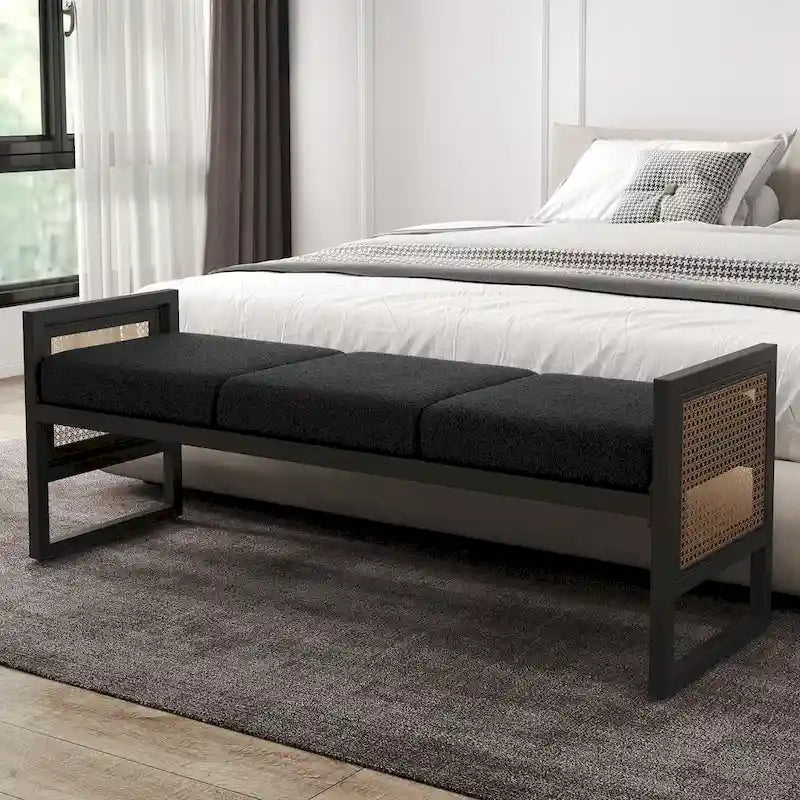 Banc rembourré en tissu bouclé avec côtés en rotin, noir pour entrée ou chambre