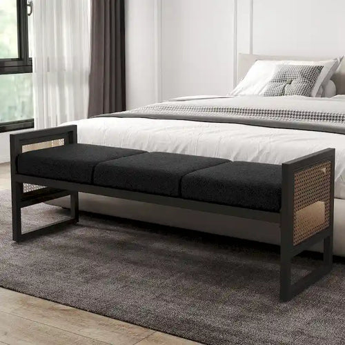Banc rembourré en tissu bouclé avec côtés en rotin, noir pour entrée ou chambre