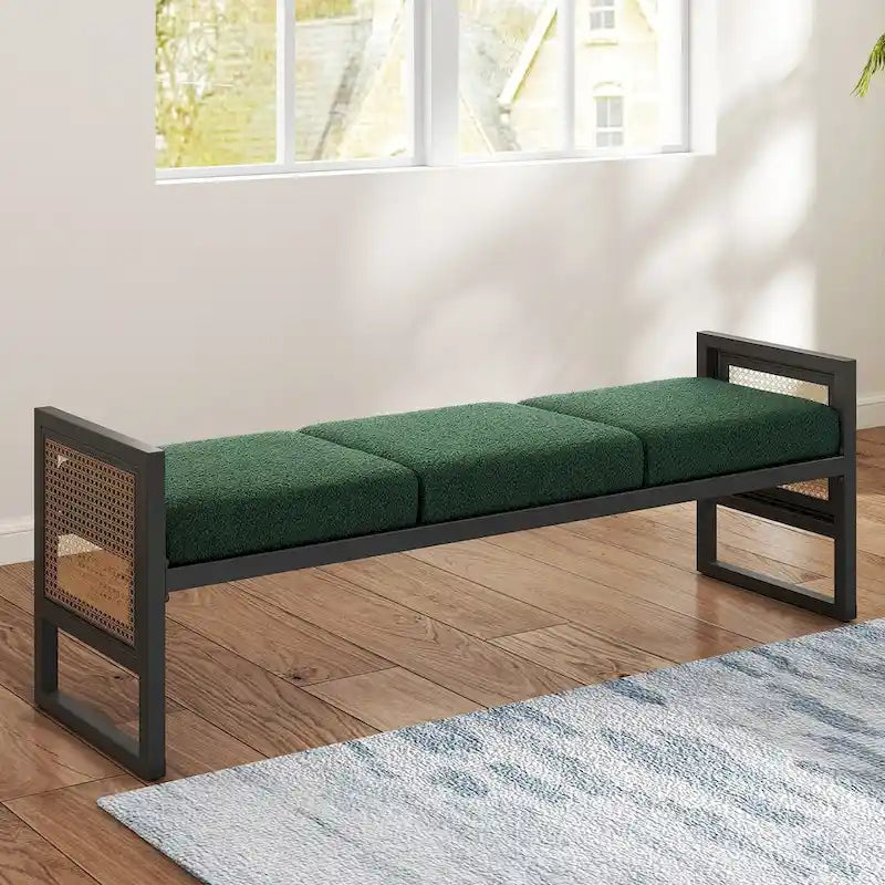 Banc rembourré en tissu bouclé avec côtés en rotin, noir pour entrée ou chambre
