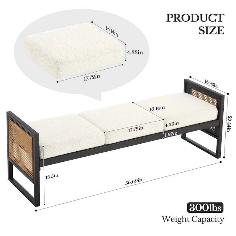 Banc rembourré en tissu bouclé avec côtés en rotin, noir pour entrée ou chambre