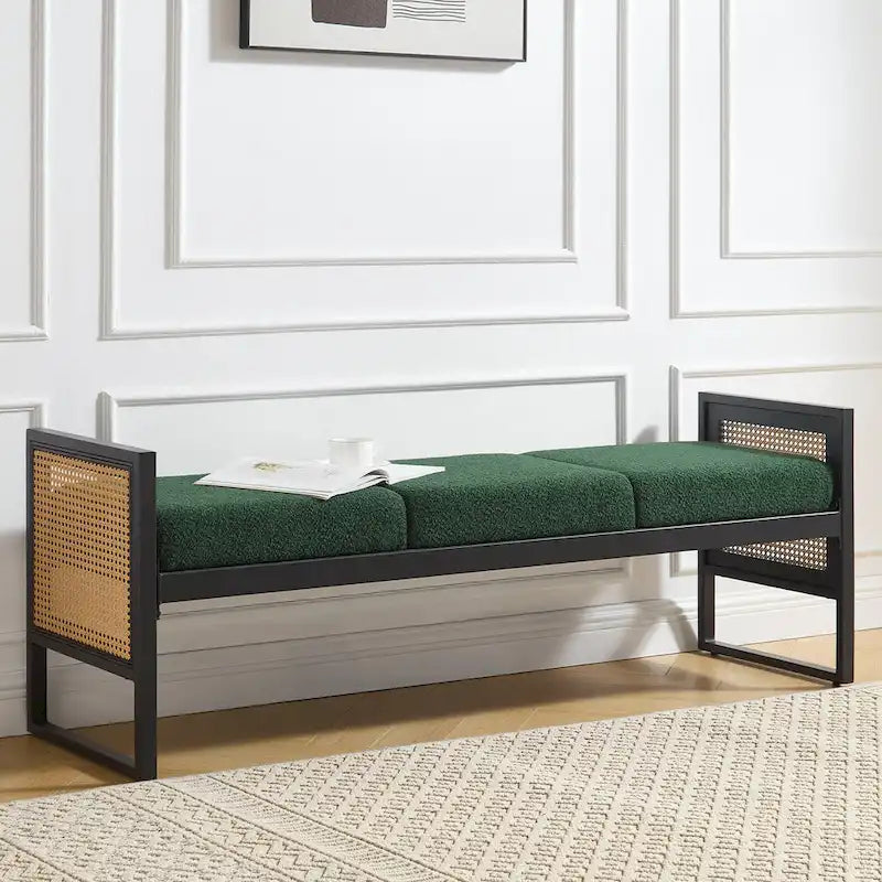 Banc rembourré en tissu bouclé avec côtés en rotin, noir pour entrée ou chambre