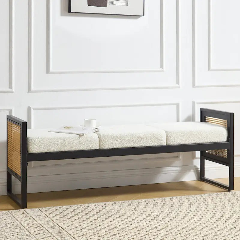 Banc rembourré en tissu bouclé avec côtés en rotin, noir pour entrée ou chambre