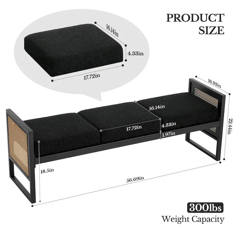 Banc rembourré en tissu bouclé avec côtés en rotin, noir pour entrée ou chambre