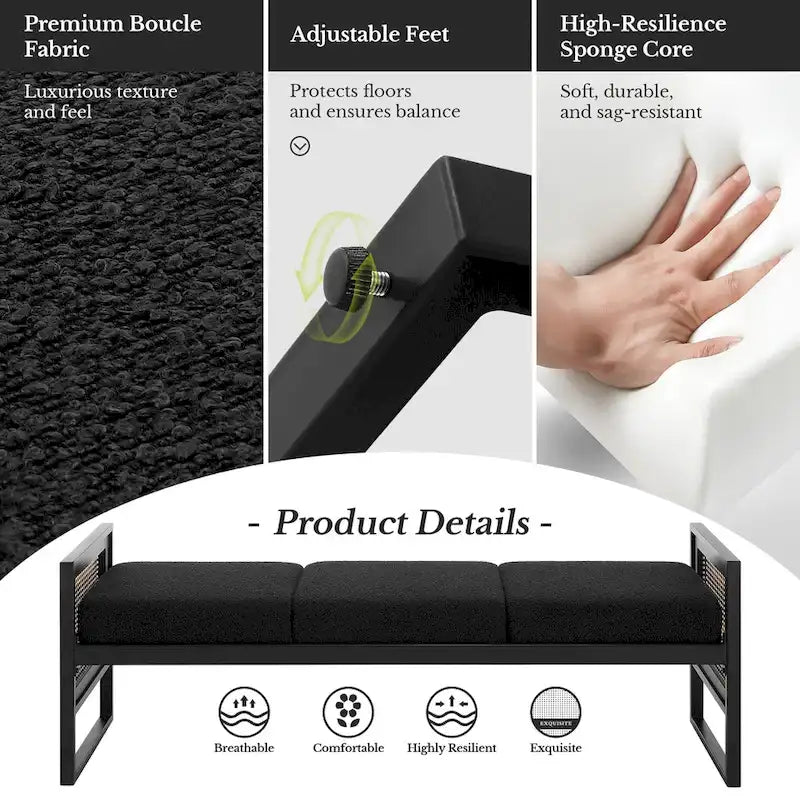Banc rembourré en tissu bouclé avec côtés en rotin, noir pour entrée ou chambre