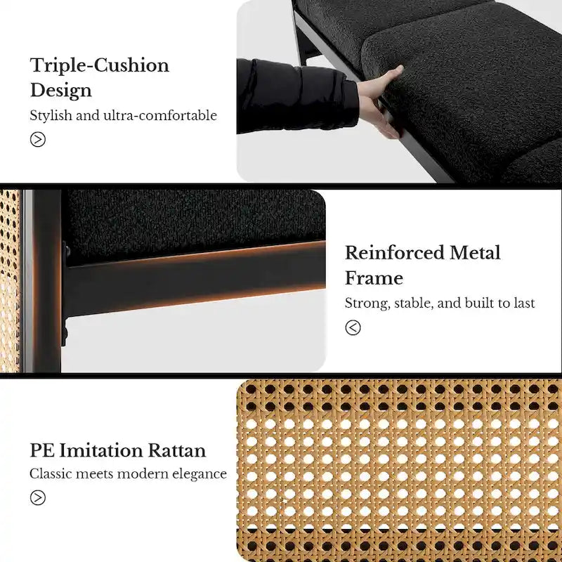 Banc rembourré en tissu bouclé avec côtés en rotin, noir pour entrée ou chambre