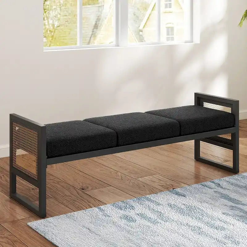 Banc rembourré en tissu bouclé avec côtés en rotin, noir pour entrée ou chambre