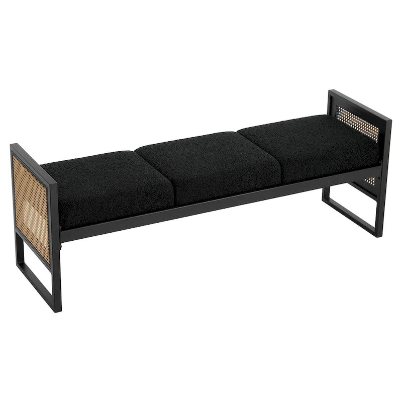 Banc rembourré en tissu bouclé avec côtés en rotin, noir pour entrée ou chambre