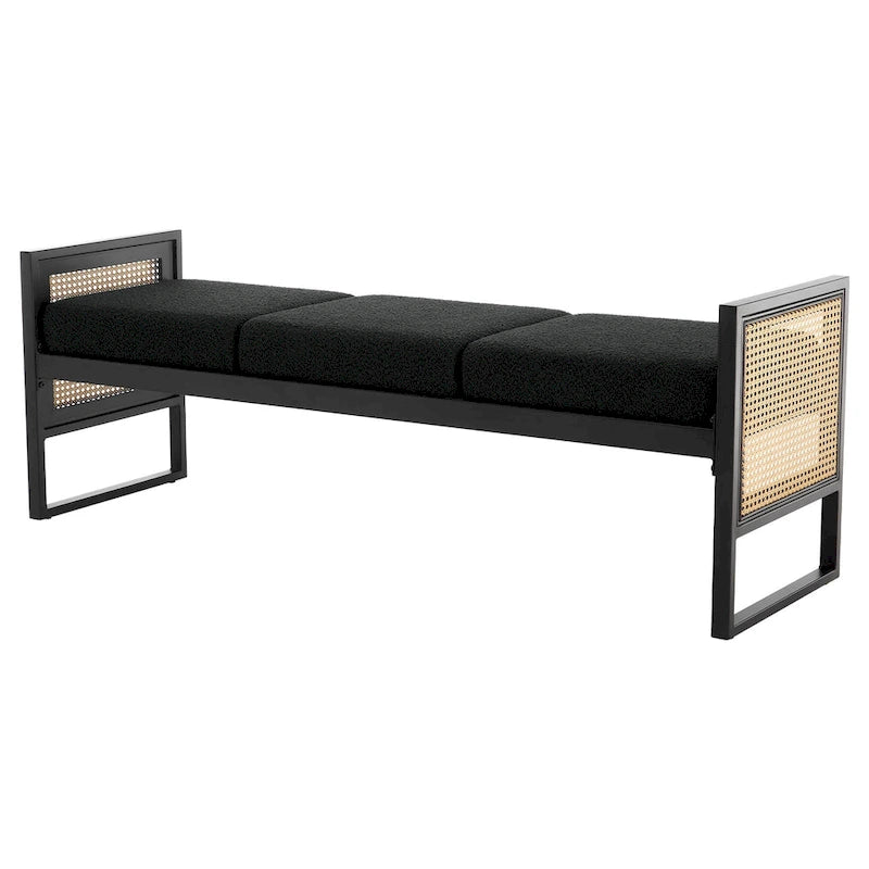 Banc rembourré en tissu bouclé avec côtés en rotin, noir pour entrée ou chambre