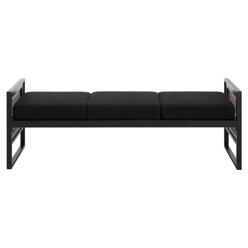 Banc rembourré en tissu bouclé avec côtés en rotin, noir pour entrée ou chambre