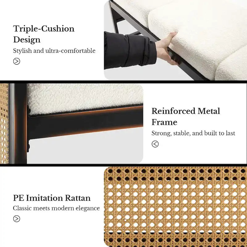 Banc rembourré en tissu bouclé avec côtés en rotin, noir pour entrée ou chambre