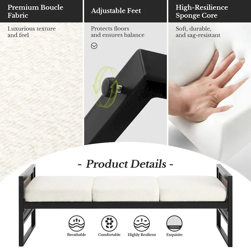 Banc rembourré en tissu bouclé avec côtés en rotin, noir pour entrée ou chambre