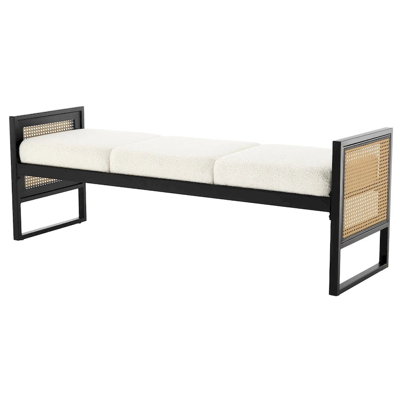 Banc rembourré en tissu bouclé avec côtés en rotin, noir pour entrée ou chambre