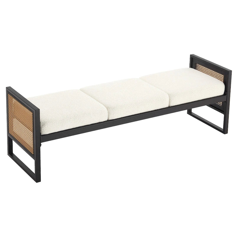Banc rembourré en tissu bouclé avec côtés en rotin, noir pour entrée ou chambre