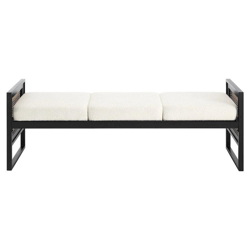 Banc rembourré en tissu bouclé avec côtés en rotin, noir pour entrée ou chambre