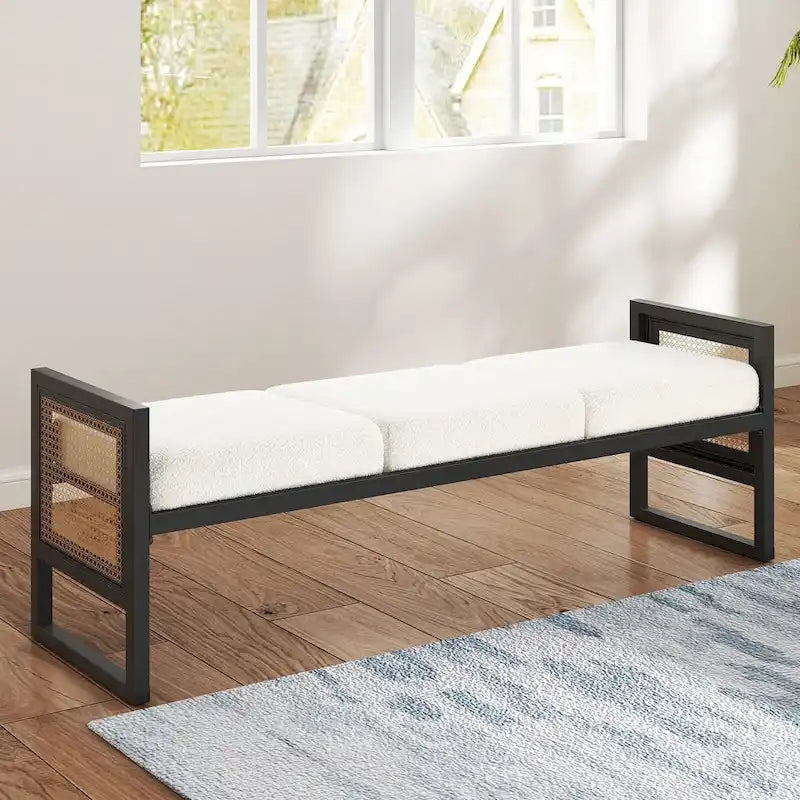 Banc rembourré en tissu bouclé avec côtés en rotin, noir pour entrée ou chambre