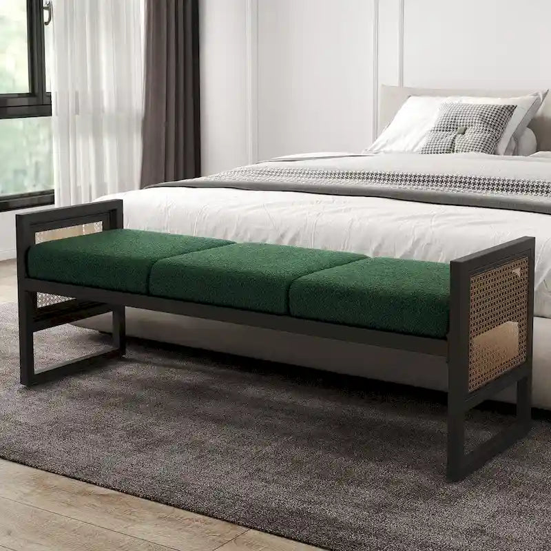 Banc rembourré en tissu bouclé avec côtés en rotin, noir pour entrée ou chambre