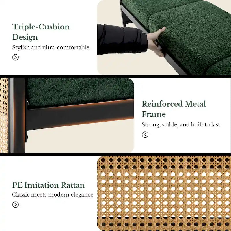Banc rembourré en tissu bouclé avec côtés en rotin, noir pour entrée ou chambre