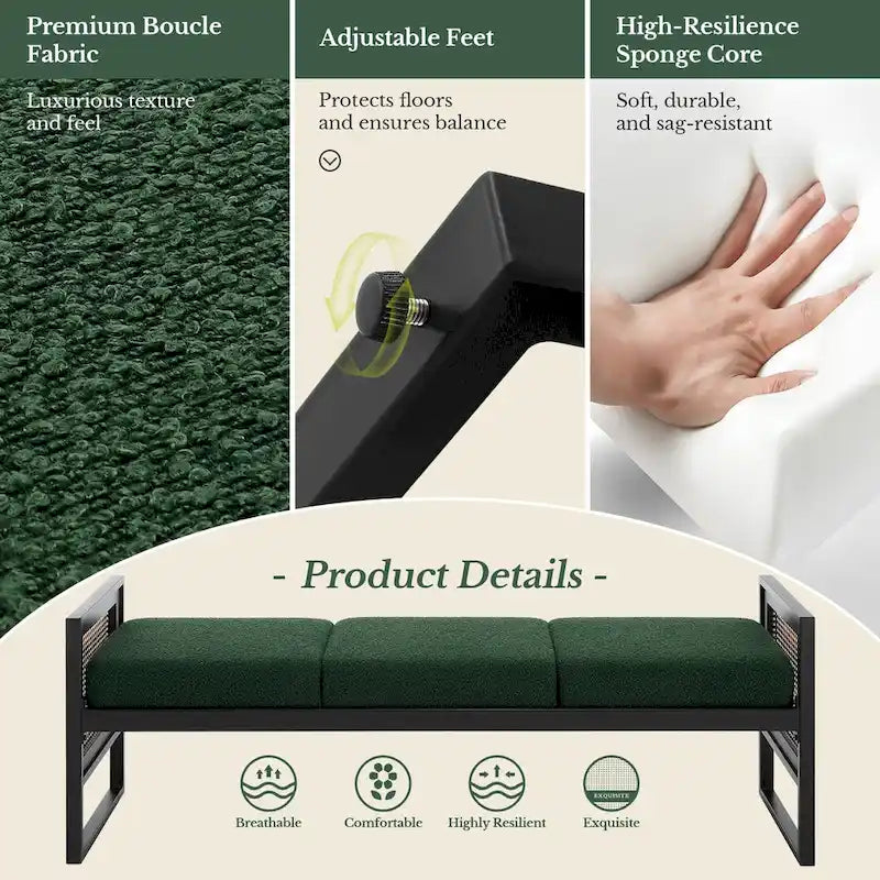 Banc rembourré en tissu bouclé avec côtés en rotin, noir pour entrée ou chambre