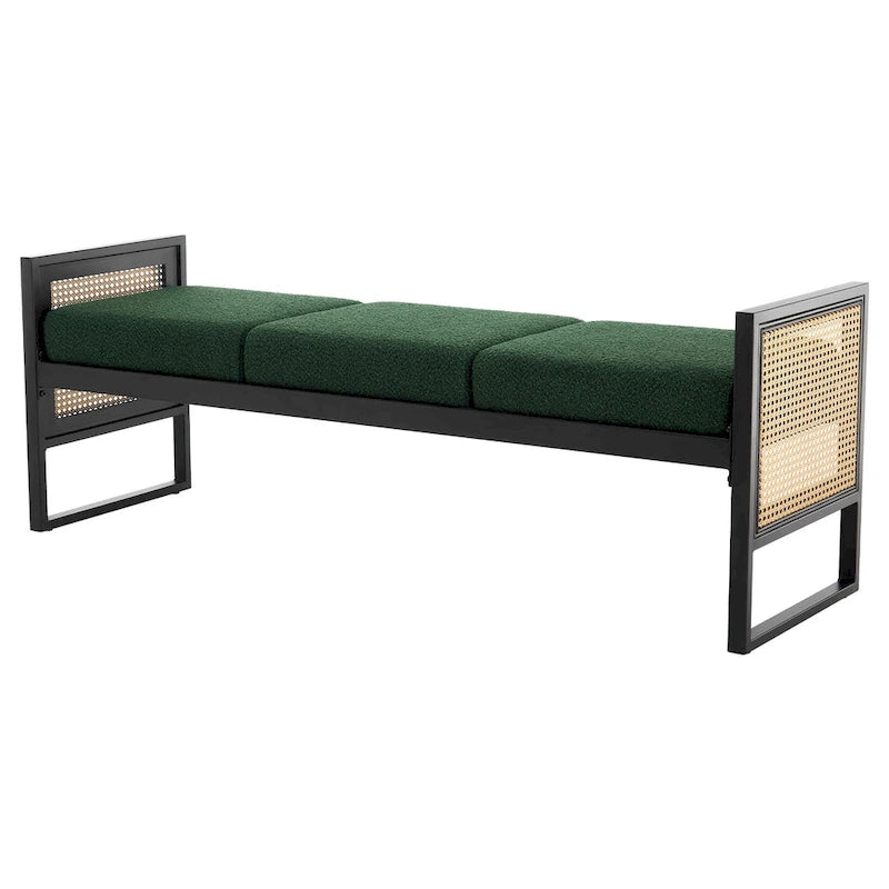 Banc rembourré en tissu bouclé avec côtés en rotin, noir pour entrée ou chambre