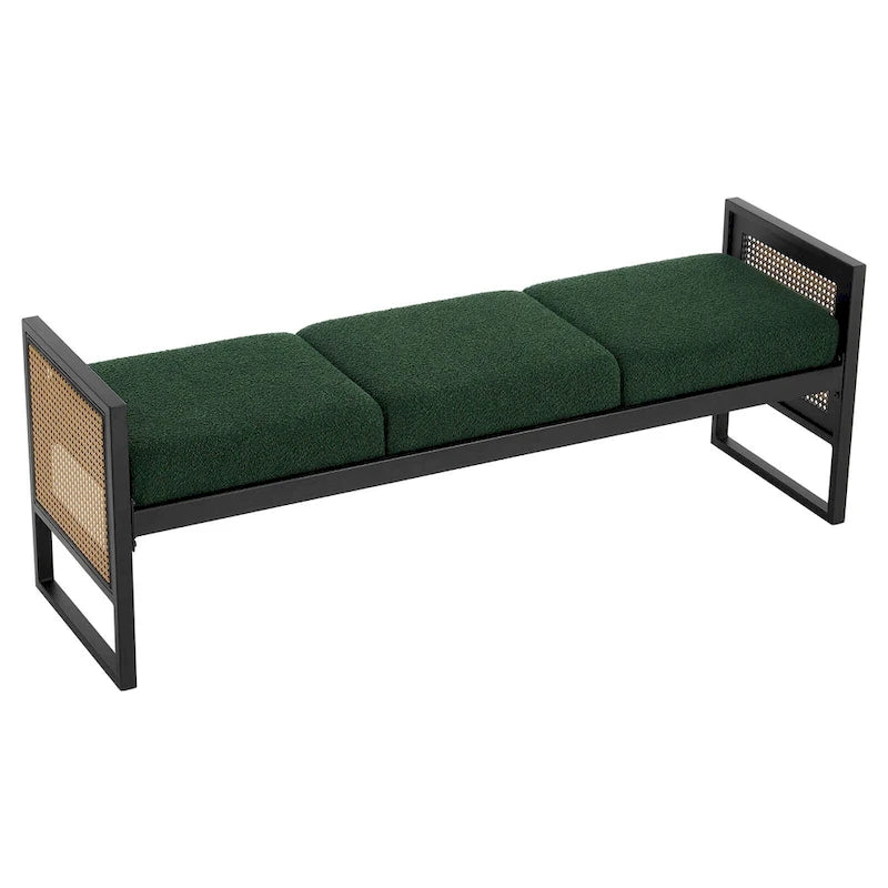 Banc rembourré en tissu bouclé avec côtés en rotin, noir pour entrée ou chambre