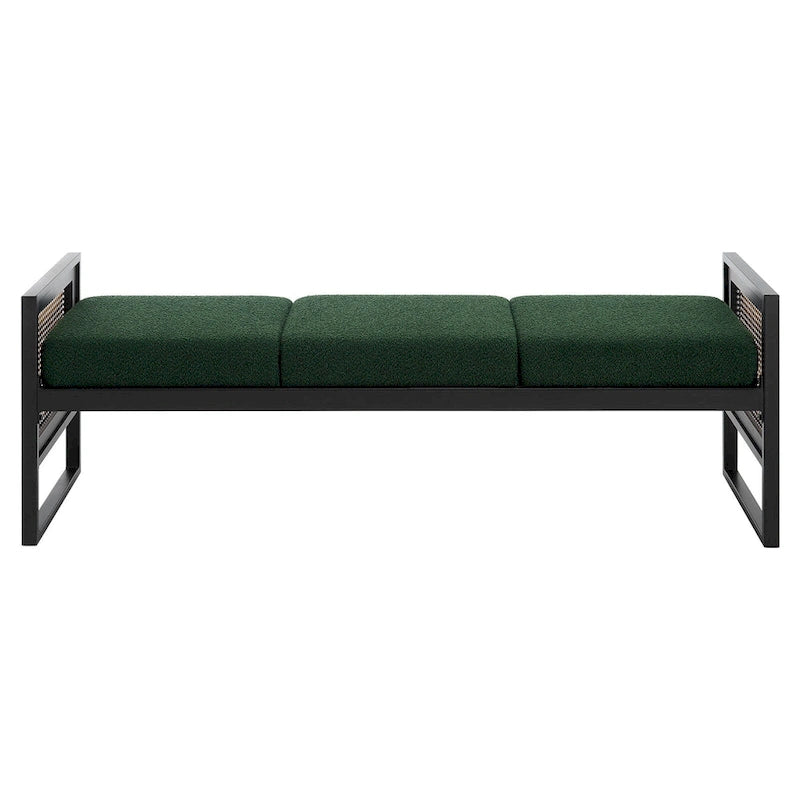 Banc rembourré en tissu bouclé avec côtés en rotin, noir pour entrée ou chambre
