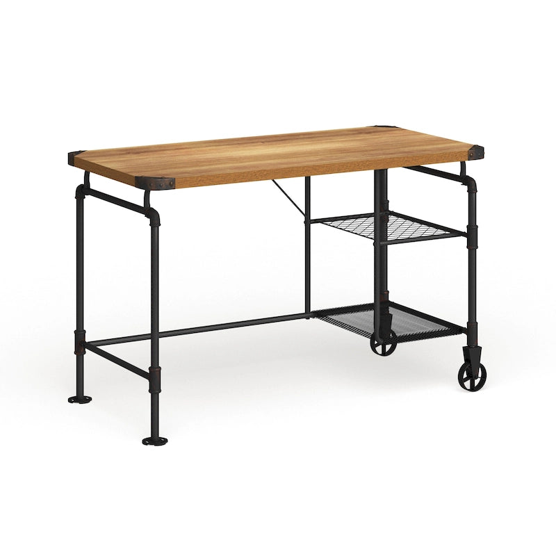 Bureau d'ordinateur industriel en métal noir antique avec plateau en bois et étagères latérales