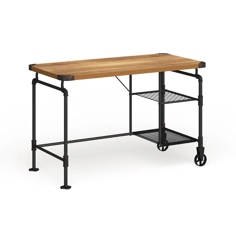 Bureau d'ordinateur industriel en métal noir antique avec plateau en bois et étagères latérales