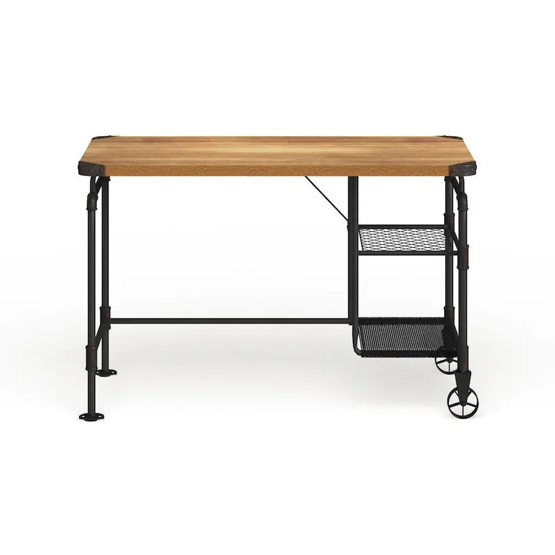 Bureau d'ordinateur industriel en métal noir antique avec plateau en bois et étagères latérales