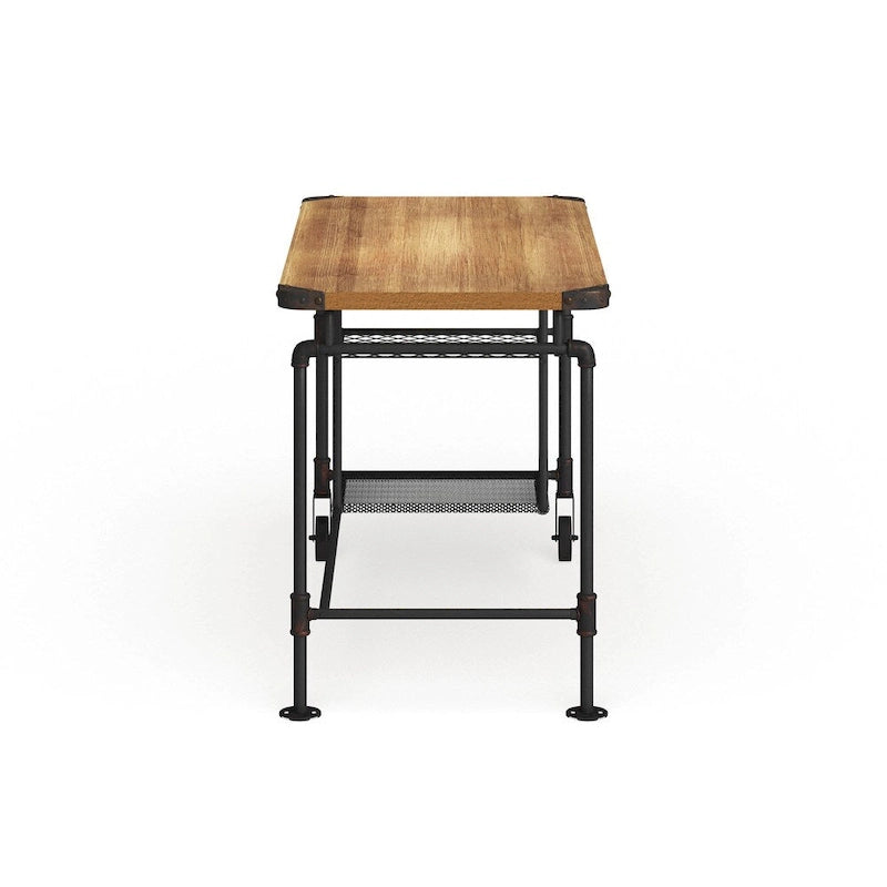 Bureau d'ordinateur industriel en métal noir antique avec plateau en bois et étagères latérales