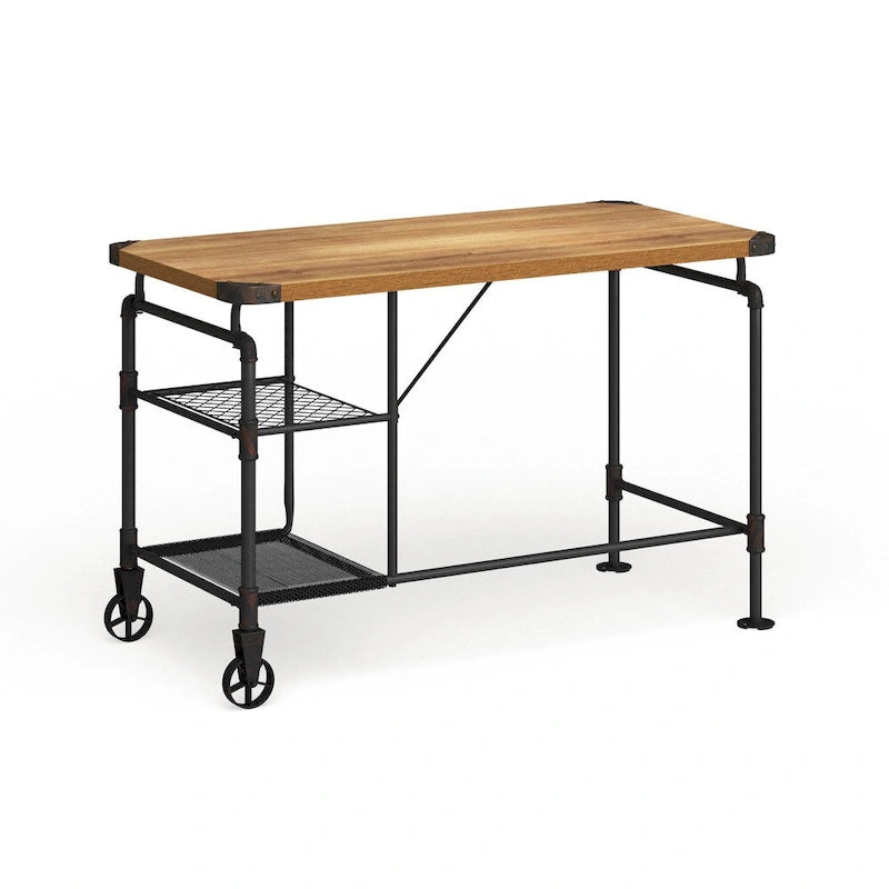Bureau d'ordinateur industriel en métal noir antique avec plateau en bois et étagères latérales
