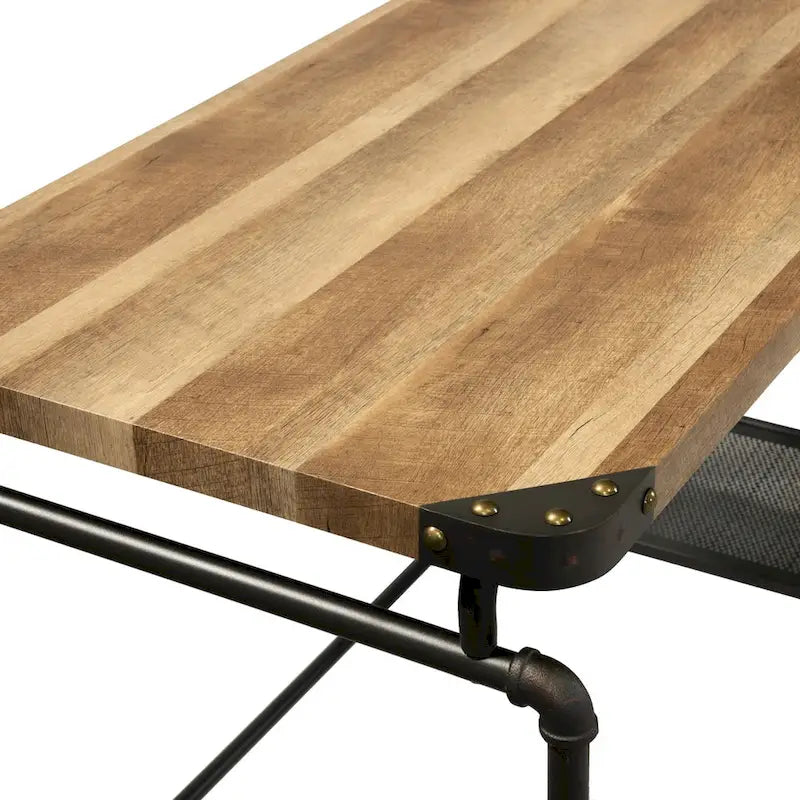 Bureau d'ordinateur industriel en métal noir antique avec plateau en bois et étagères latérales