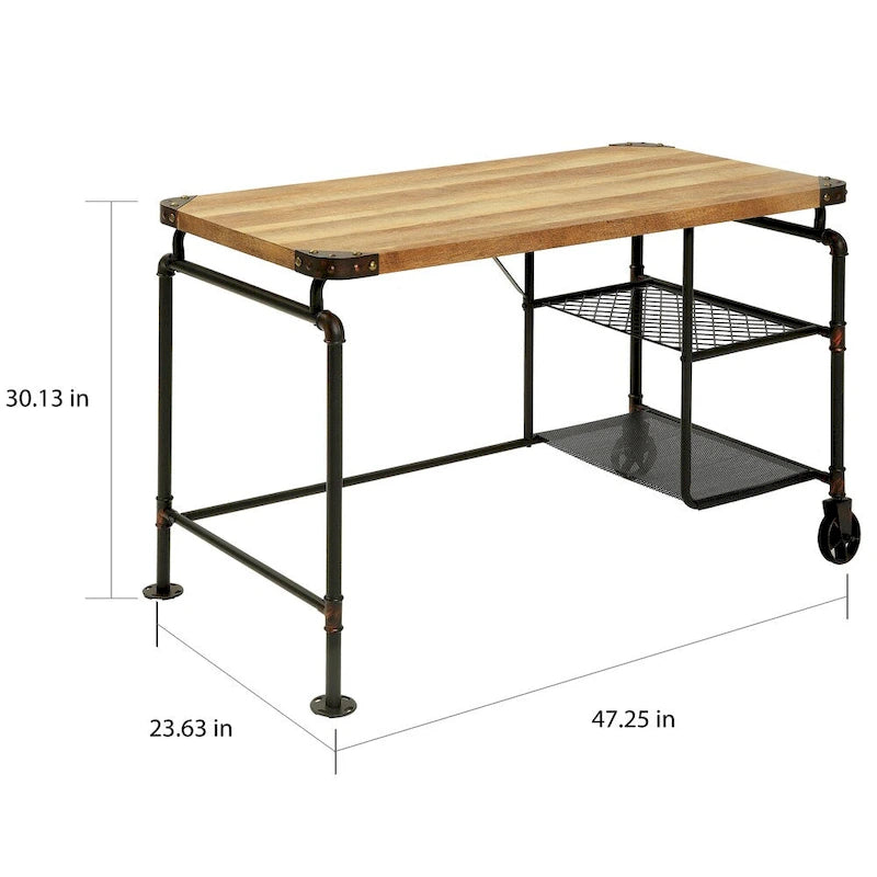 Bureau d'ordinateur industriel en métal noir antique avec plateau en bois et étagères latérales