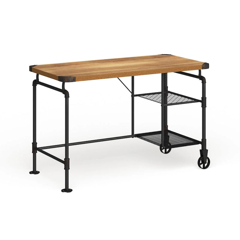 Bureau d'ordinateur industriel en métal noir antique avec plateau en bois et étagères latérales