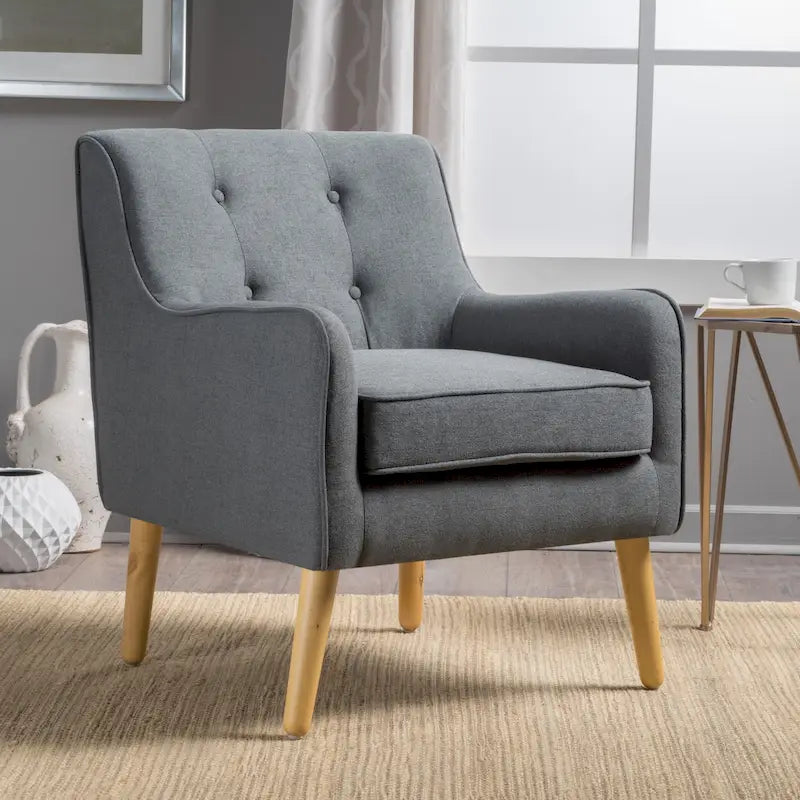 Fauteuil en tissu capitonné Mid-Century Modern avec pieds en bois naturel
